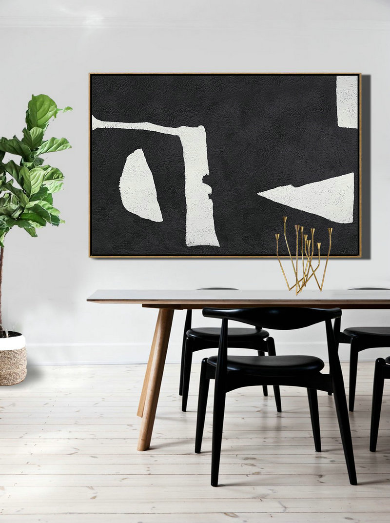 Large Wall Canvas,Hand Painted Oversized Horizontal Minimal Art On Canvas, Black And White Minimalist Painting - Modern Canvas Art